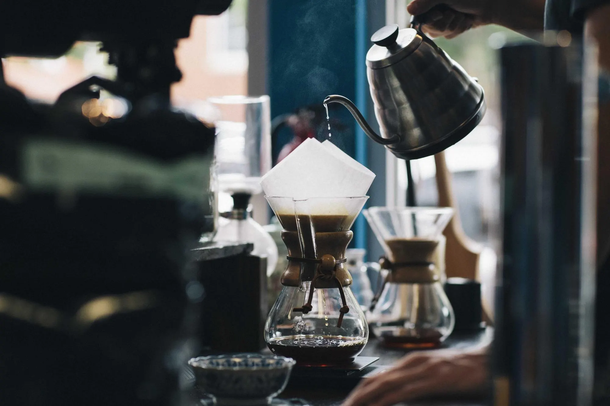 Pour-over coffee equipment on a café counter